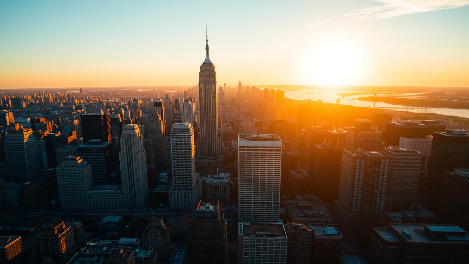 Aerial view of a modern American financial district at sunset
